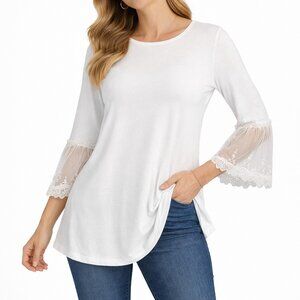 Origami White Lace Bell Sleeve Top Large Boho Stretch Tunic Blouse Feminine